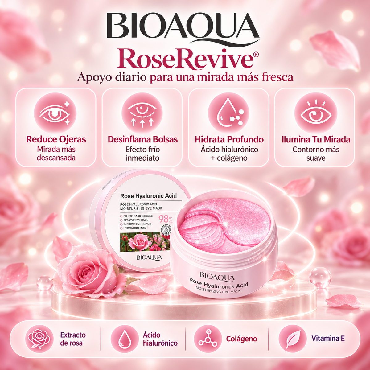 Parches RoseRevive® Ácido Hialurónico - Rejuvenece tu Rostro y Borra el Cansancio