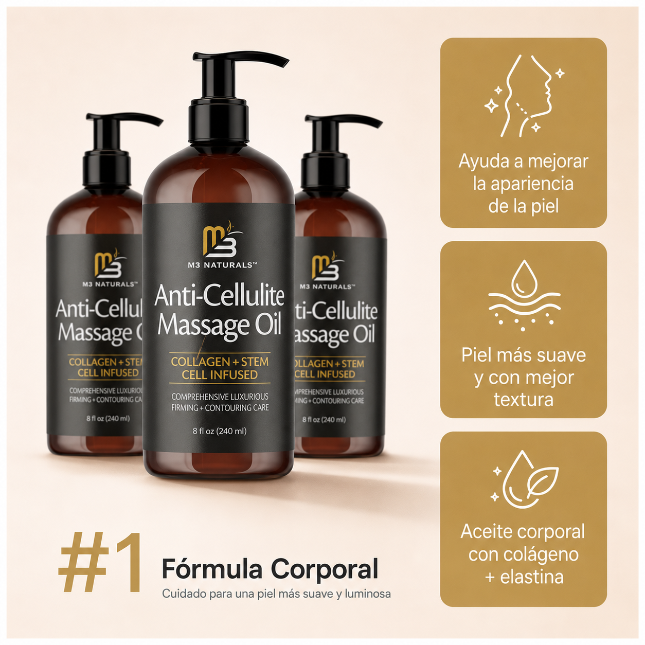 2x1 M3 Naturals™: Aceite Reafirmante & Anticelulitis