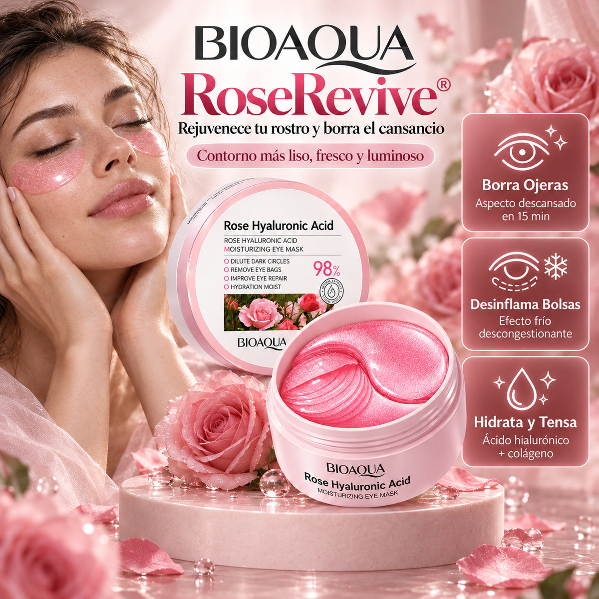 Parches RoseRevive® Ácido Hialurónico - Rejuvenece tu Rostro y Borra el Cansancio