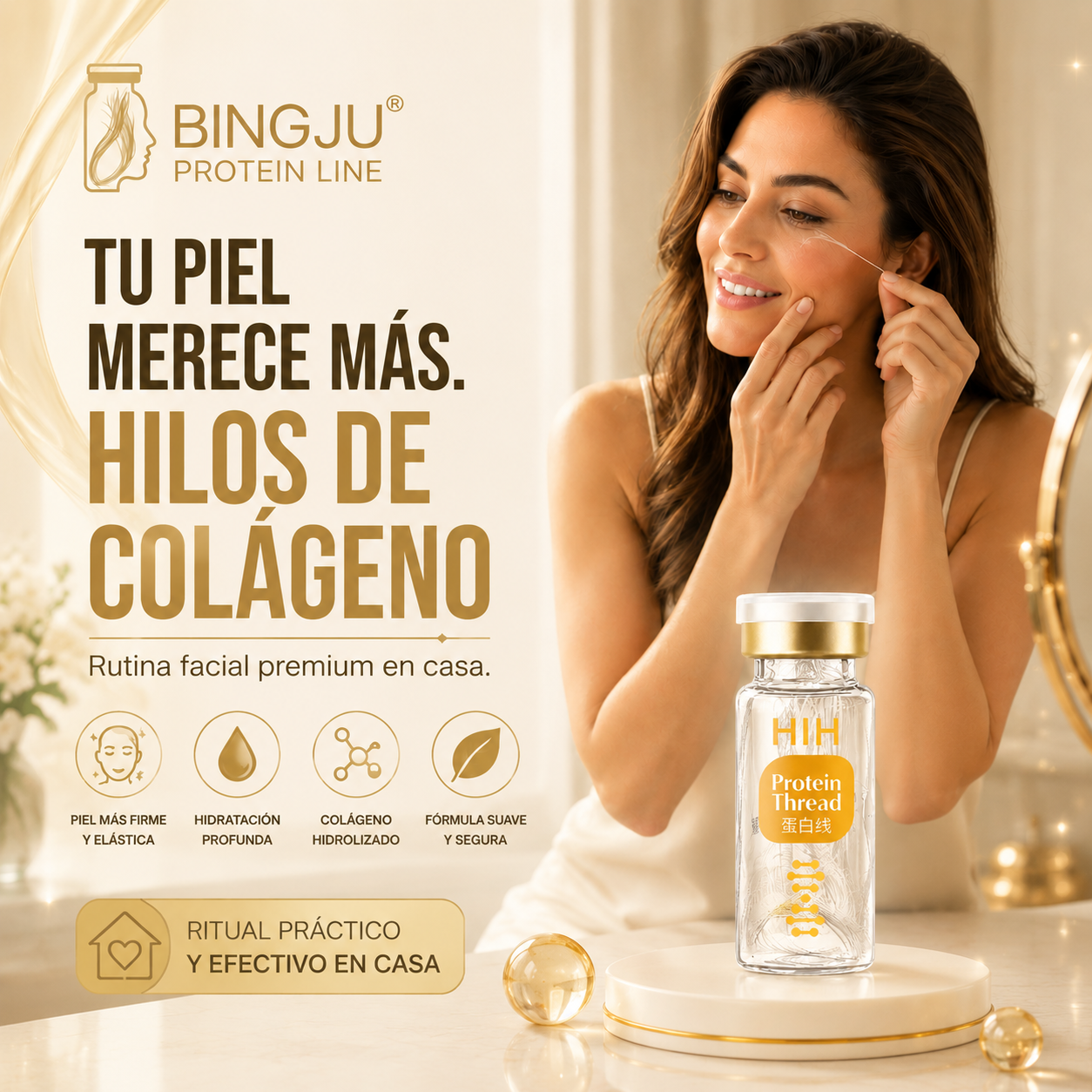 Serúm 30 ml + 12 Hilos Tensores de Colágeno Absorbibles Bingju - Rejuvenece tu rostro en casa sin usar una sola aguja.