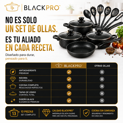 BlackPro® | Set de Cocina Antiadherente 13 Piezas premium