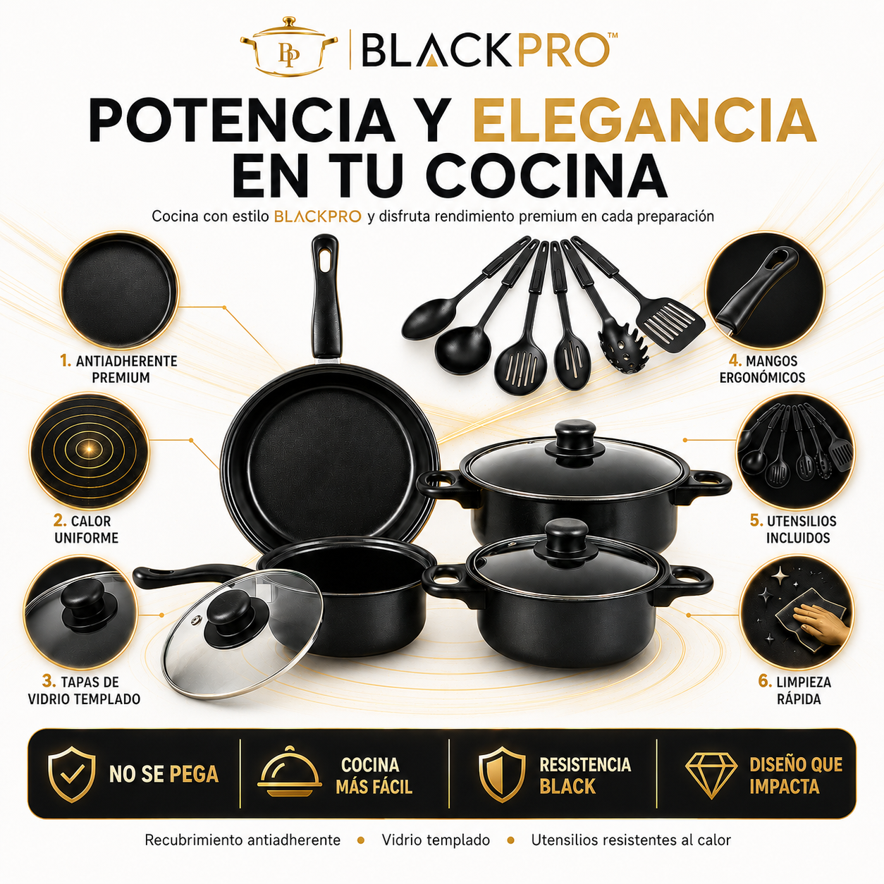 BlackPro® | Set de Cocina Antiadherente 13 Piezas premium
