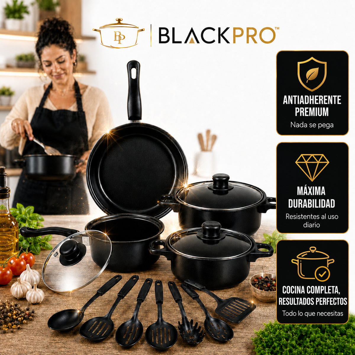BlackPro® | Set de Cocina Antiadherente 13 Piezas premium
