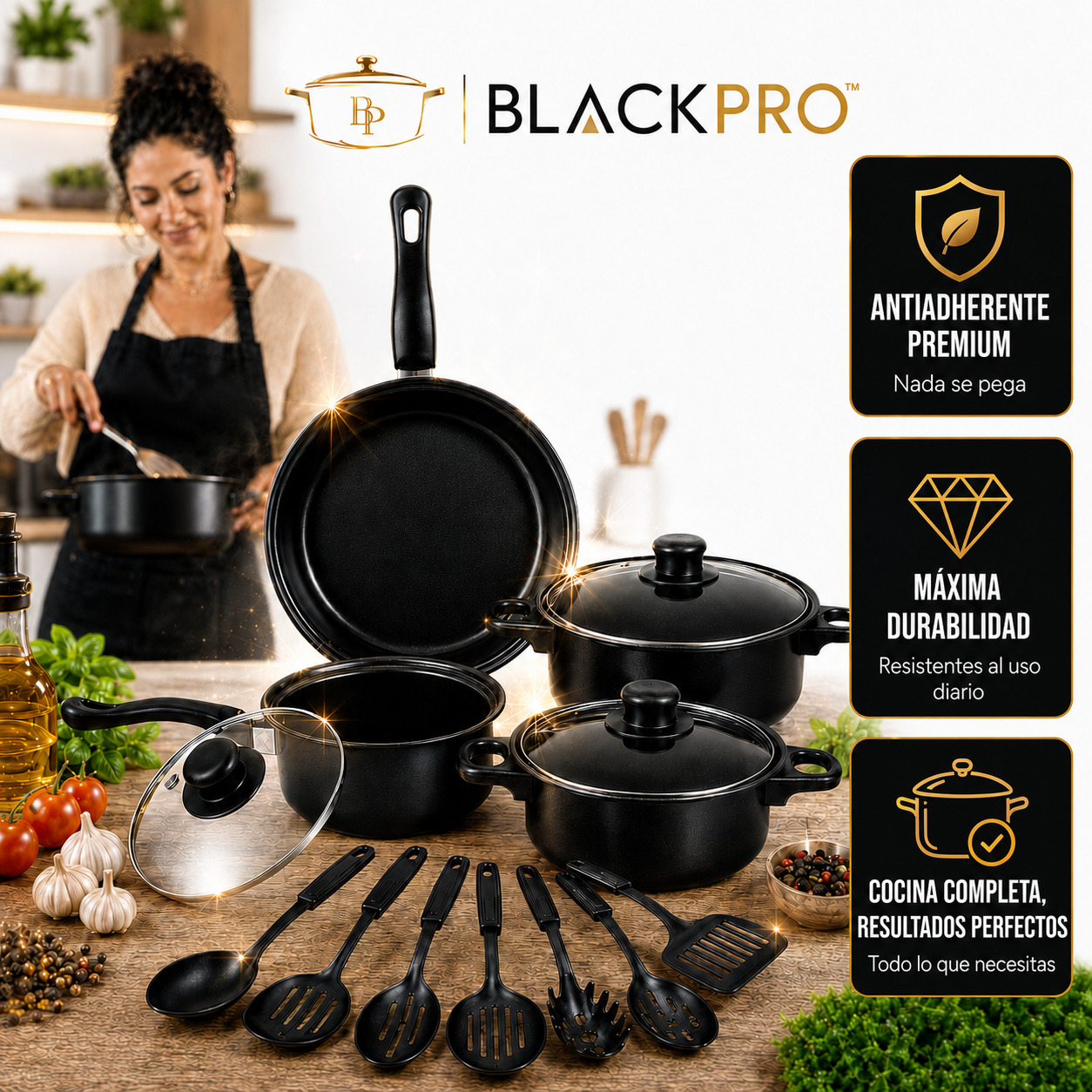 BlackPro® | Set de Cocina Antiadherente 13 Piezas premium