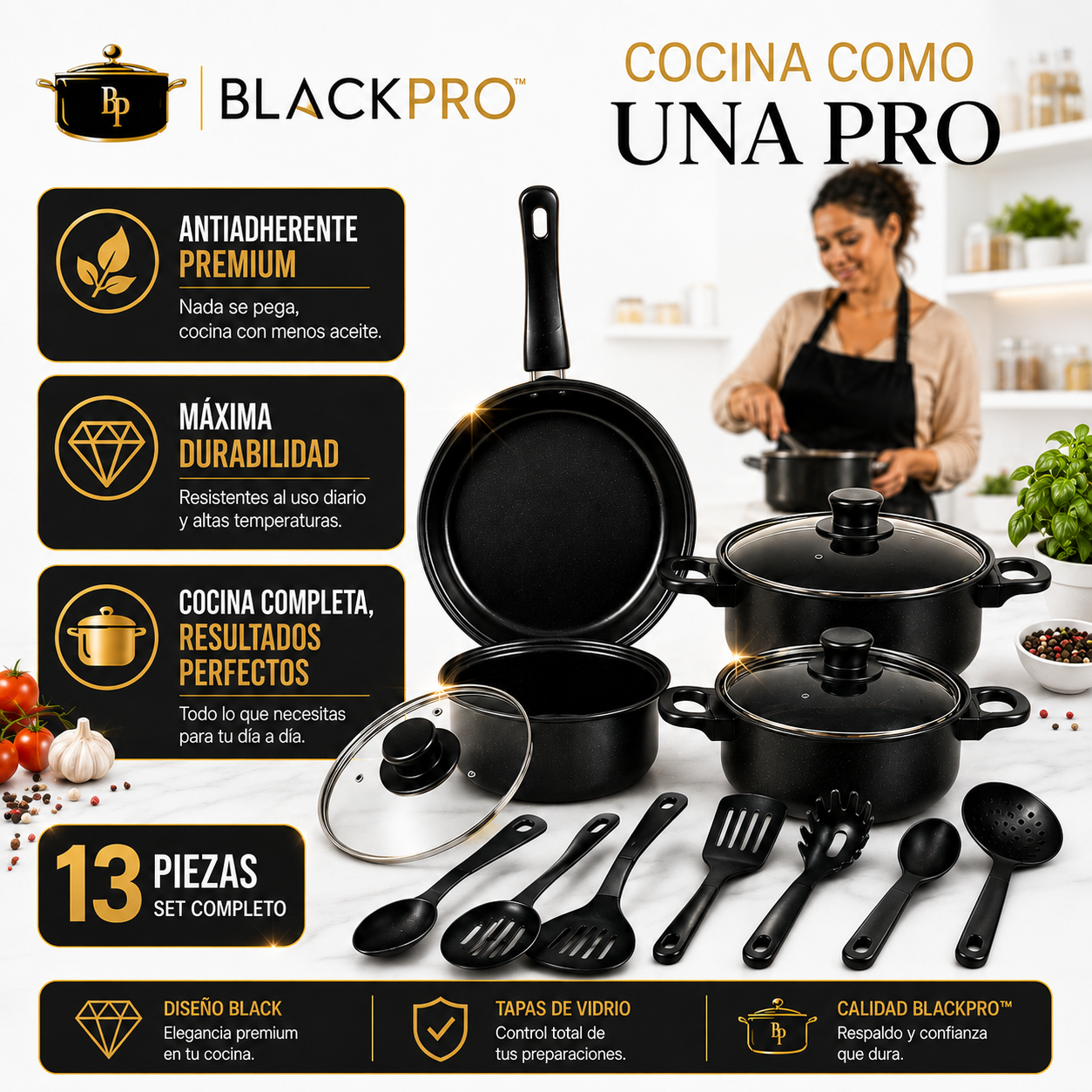BlackPro® | Set de Cocina Antiadherente 13 Piezas premium