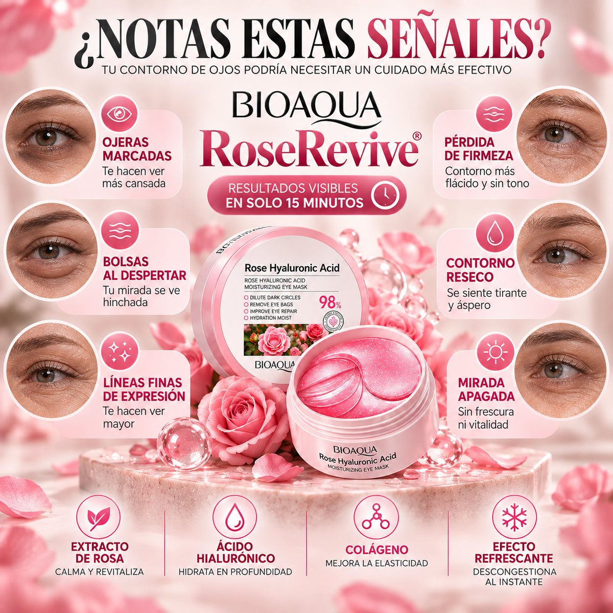 Parches RoseRevive® Ácido Hialurónico - Rejuvenece tu Rostro y Borra el Cansancio