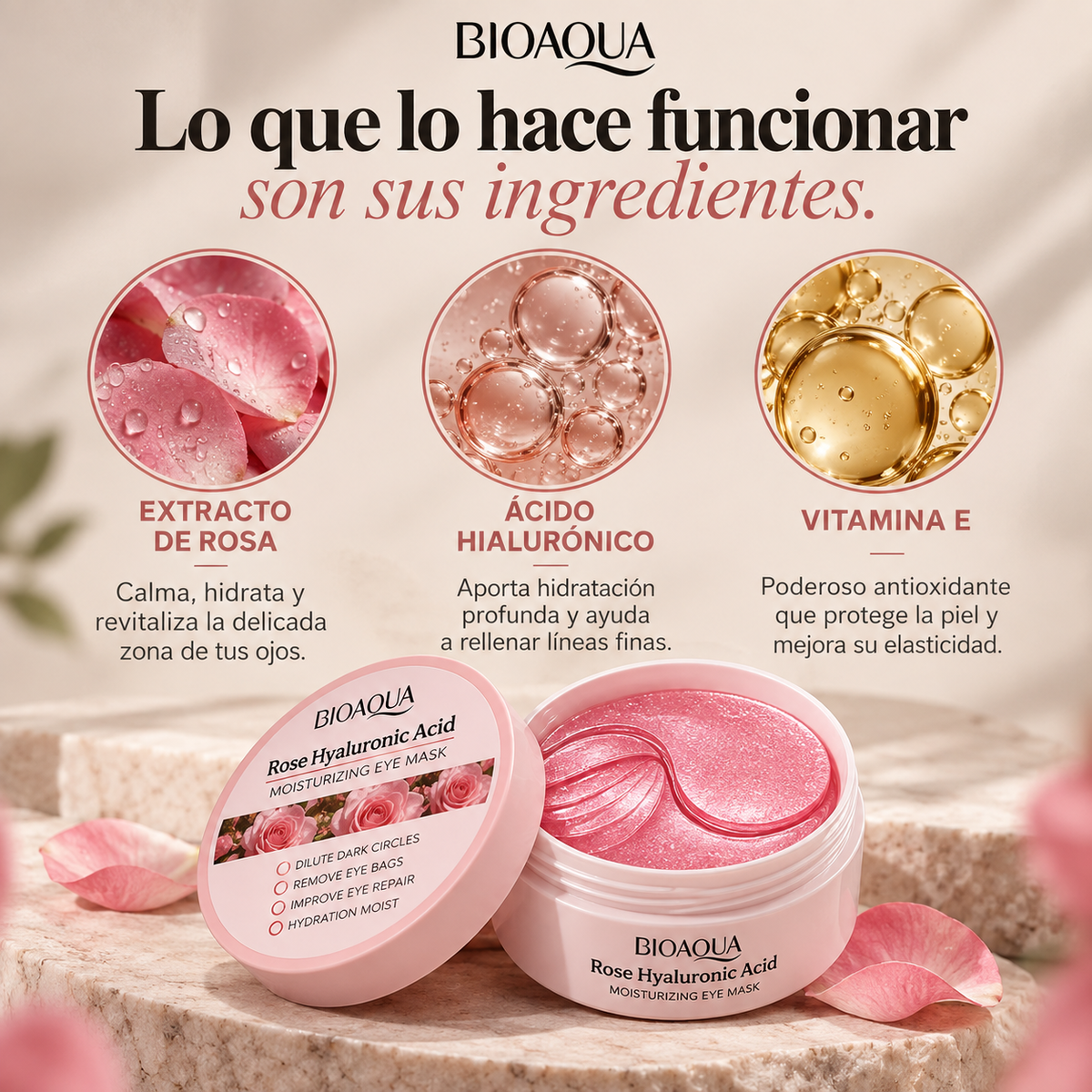 Parches RoseRevive® Ácido Hialurónico - Rejuvenece tu Rostro y Borra el Cansancio