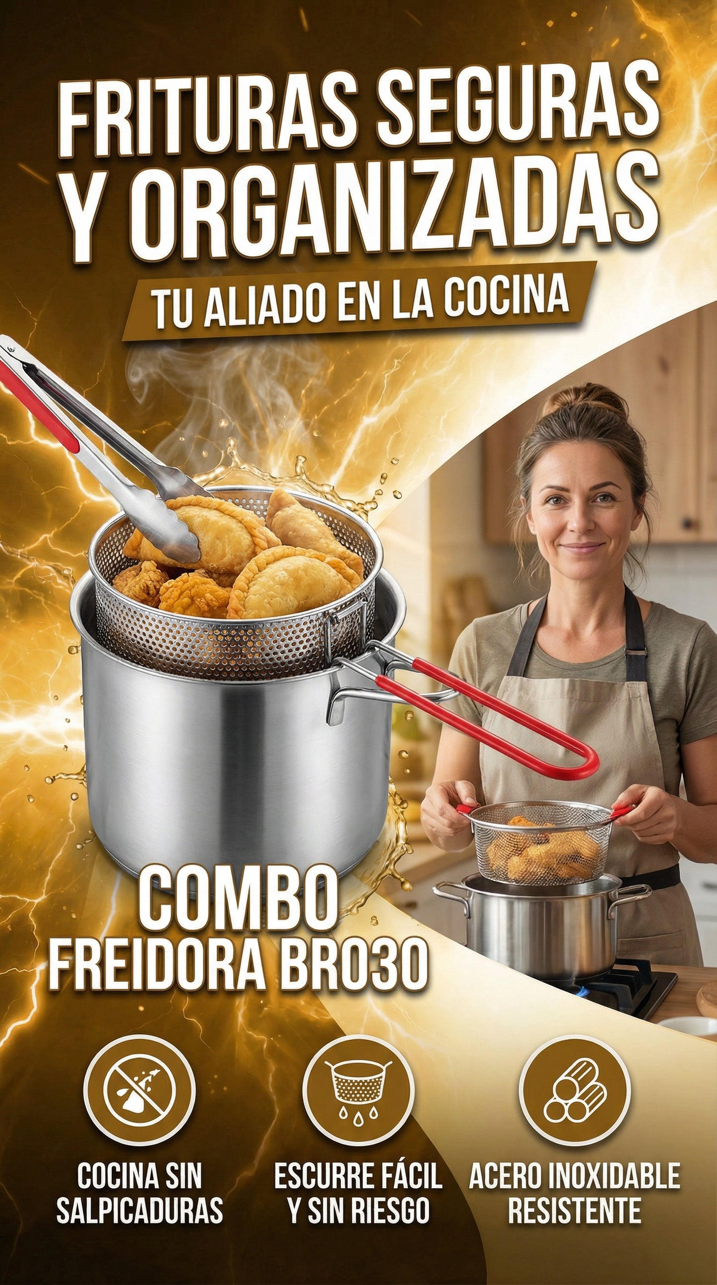 Combo Olla Freidora 3 en 1 Acero Inoxidable incluye Colador y Pinzas